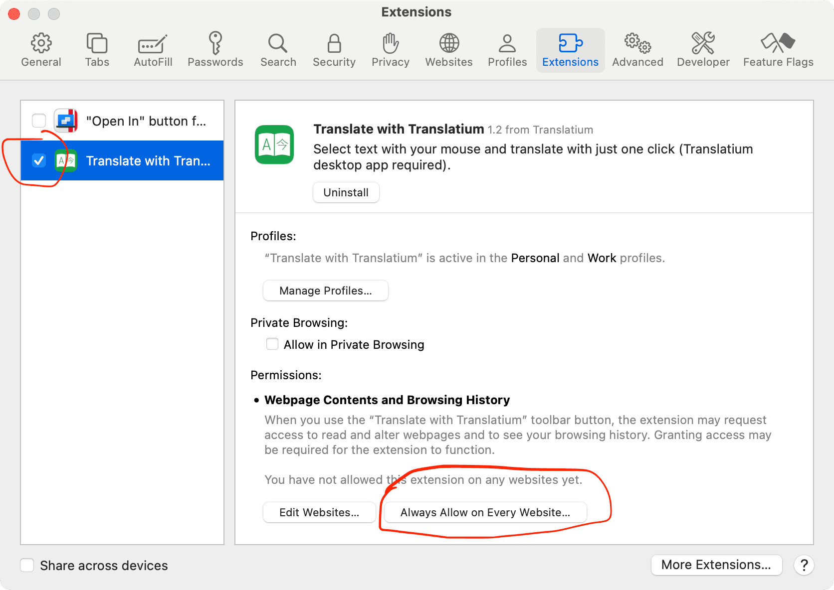 Enabling Translatium Safari extension